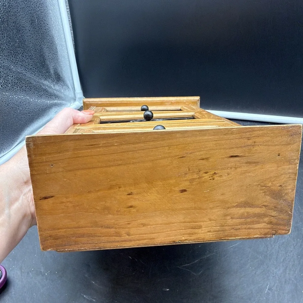 VTG Wood Small Counter Top 3 Drawer Storage Caddy Iron Scroll Drawers Grannycore